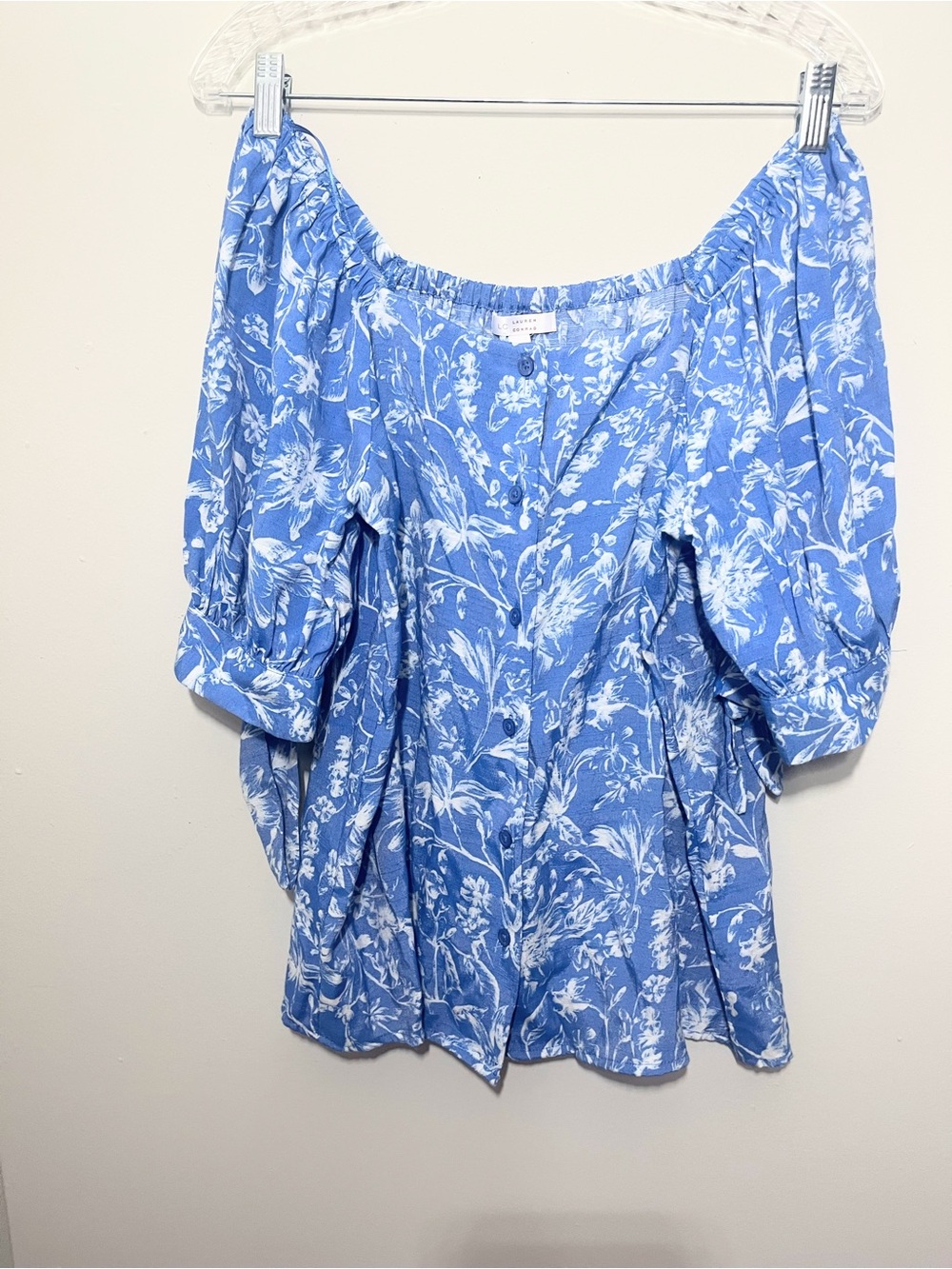 LC Lauren Conrad Blue and White Floral Off-Shoulder Blouse